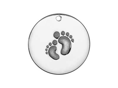 Pendente Grezzo Disco Con Motivo Piedini Di Bambino, 20 Mm, Argento 925