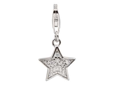 St Sil Star Design Charm With Cz And Carabiner Trigger Clasp