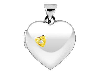 Medaglione Con Apertura A Cuore Placcato Oro Con Zirconi, 15,5 Mm, Argento 925