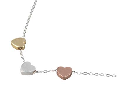 Collana In Argento 925 Con Tre Cuori Placcati In Argento, Oro E Oro Rosa, 45 Cm Con Estensione Di 3 Cm - Immagine Standard - 1