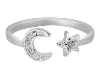 Anello Regolabile, Motivi Stella E Luna Con Zirconi, Argento 925