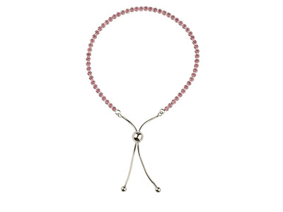 Braccialetto Tennis Con Zirconia Cubica Rosa E Perlina A Cursore Per Chiusura Scorrevole, Lunghezza 24 Cm, Argento 925