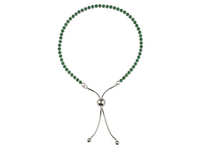 Braccialetto Tennis Con Zirconia Cubica Verde E Perlina A Cursore Per Chiusura Scorrevole, Lunghezza 24 Cm, Argento 925