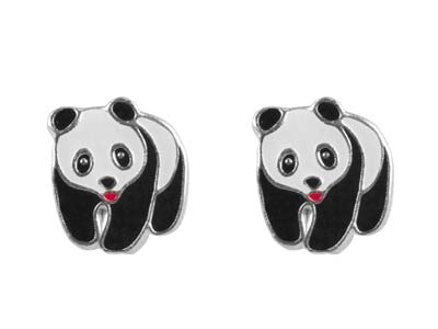 Orecchini A Perno A Forma Di Panda In Smalto E Argento 925.